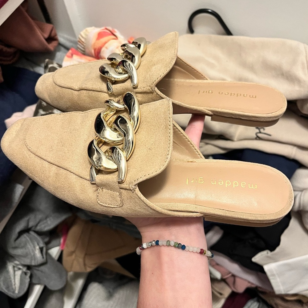 Madden Girl Beige Mules with Metallic Chain